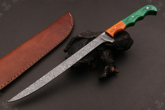 13" Custom Fire Damascus Steel Fillet Knife Best Fillet Knife & Handmade Fillet Knives W/Sheath