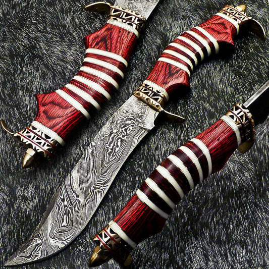 13" Custom Hand Forged Bowie Damascus Steel Knife With Hard Wood Handle & Sheath