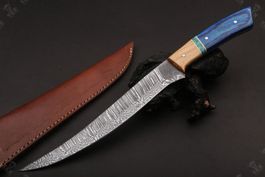 13" Custom Hand Forged Damascus Fillet Knife Handmade Fillet Knives With Leather Sheath