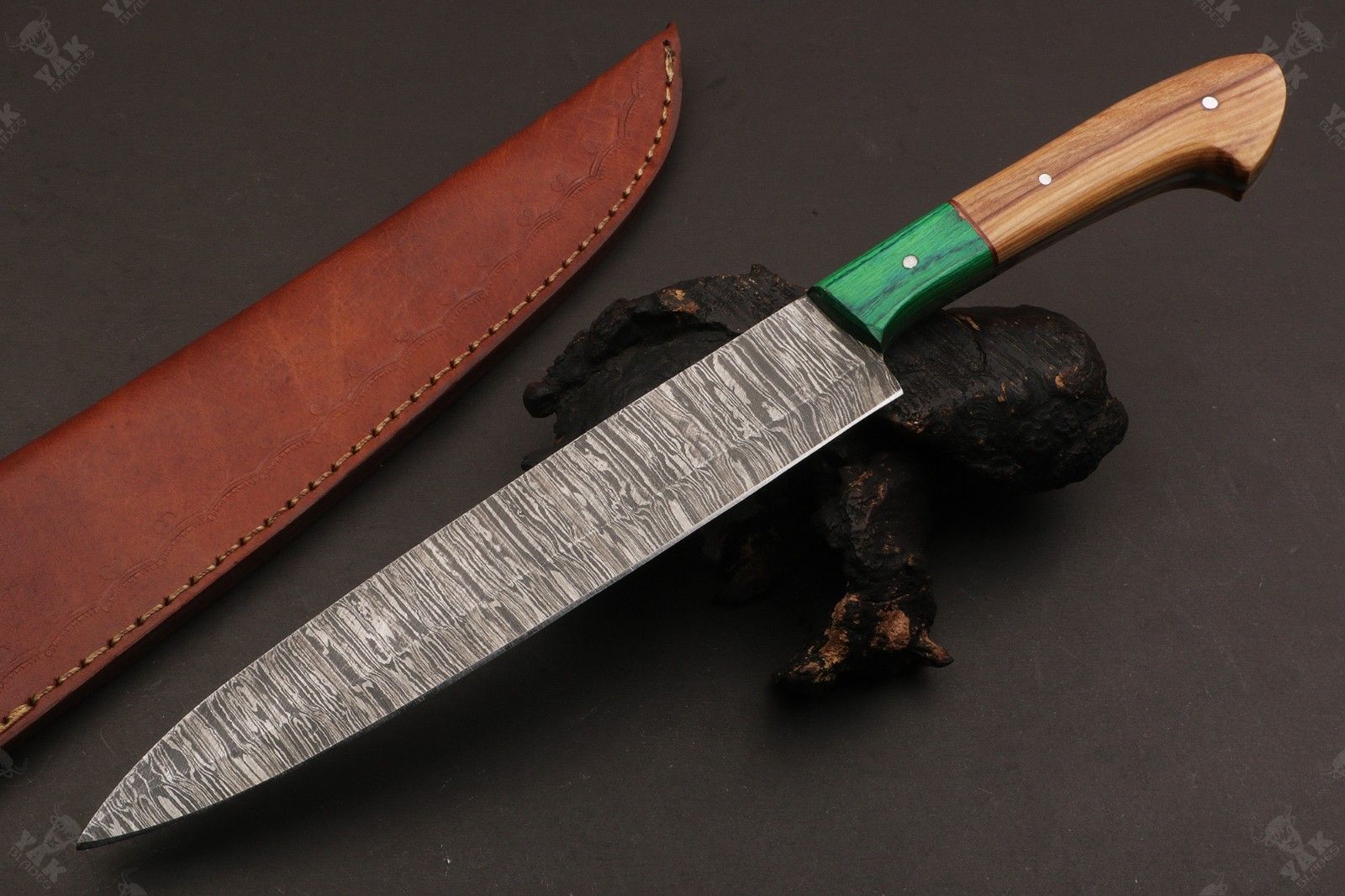 13" Custom Hand Forged Fire Damascus Steel Chef Knife  Damascus Kitchen Knife with Wood Handle