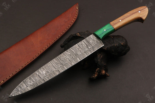 13" Custom Hand Forged Fire Damascus Steel Chef Knife  Damascus Kitchen Knife with Wood Handle