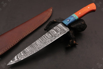 13" Custom Hand Forged Fire Damascus Steel Santoku Chef Knife for Kitchen Use