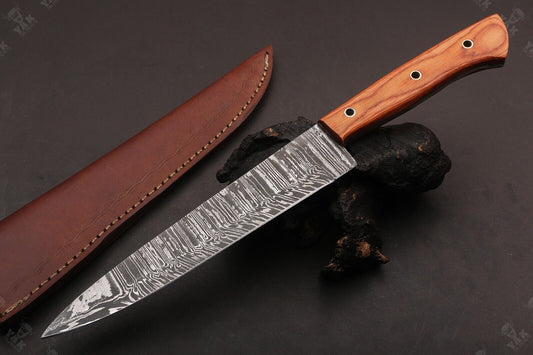 13" Custom Hand Forged Fire Damascus Steel Sentoku Chef Knife for Kitchen Use