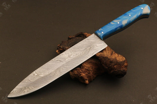 13" Custom Hand Forged Twist Damascus Steel Santoku Knife – Camel Bone & Wood Handle