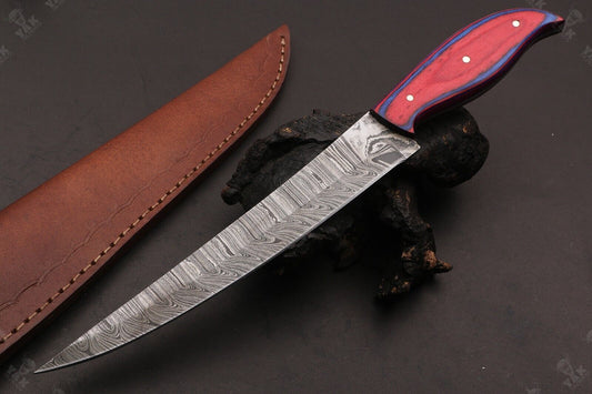 13" Custom Hand forged Damascus Steel Fillet Knife Best Fillet Knife With Leather Sheath
