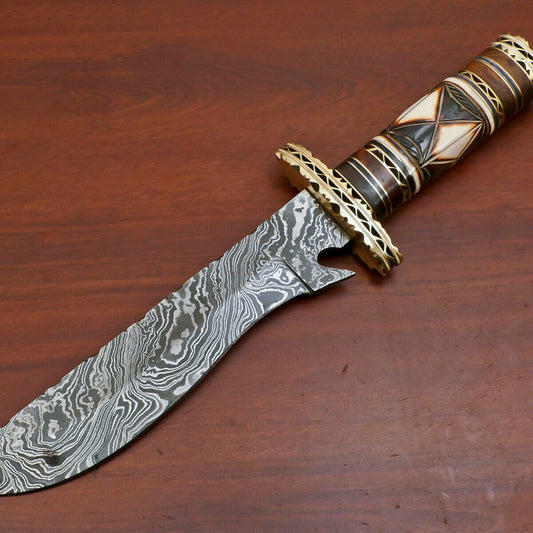 13" Custom Handmade Damascus Bowie Hunting Knife – Camel Bone & Rose Wood Handle with Brass Guard