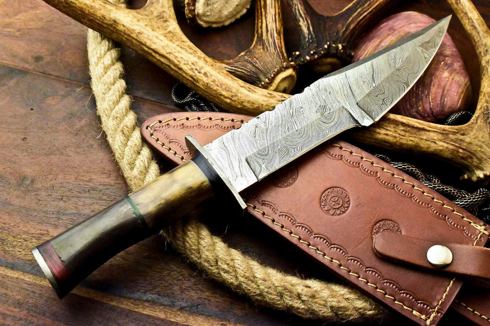 13" Custom Handmade Damascus Bowie Knife Damascus Steel Knife With Camel Bone Handle  