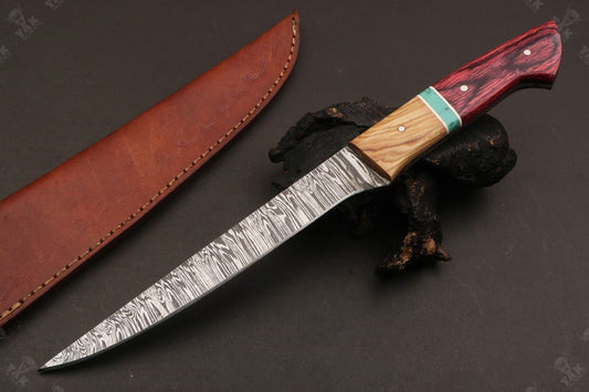 13" Custom Handmade Damascus Fillet Knife Fire Damascus Steel Fillet Knife W/Sheath