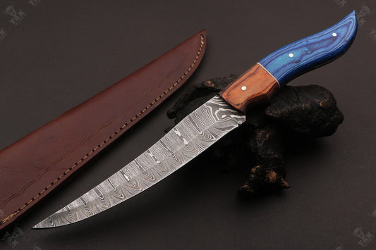 13" Custom Handmade Damascus Fillet Knife Handmade Fillet Knives With Leather Sheath