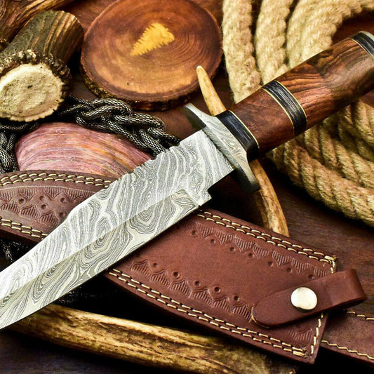 13" Custom Handmade Damascus Steel Bowie Hunting Knife | Walnut Wood Handle & Leather Sheath