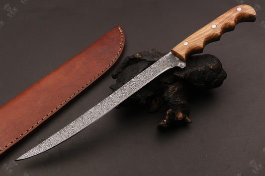 13" Custom Handmade Damascus Steel Fillet Knife & Best Fillet Knife With Leather Sheath