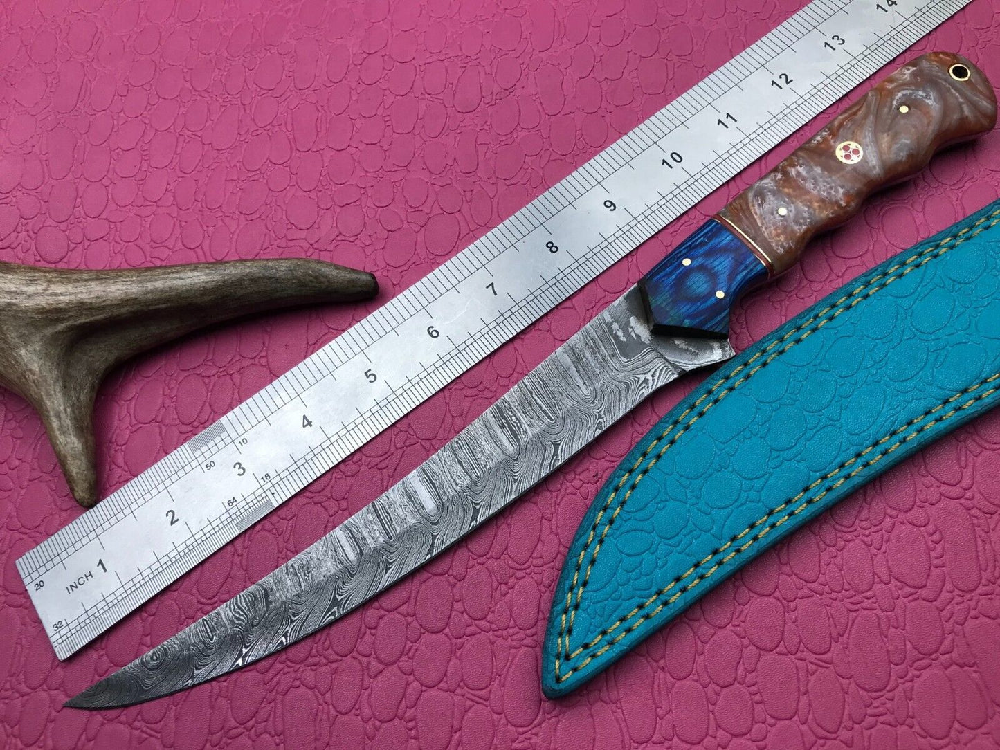 13" Custom Handmade Damascus Steel Knife & Skinner Fillet Knife W/Sheath