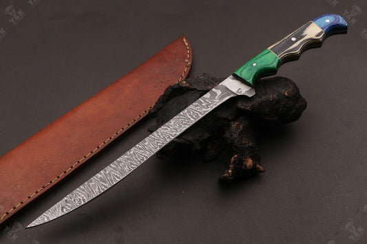 13" Custom Handmade Fire Damascus Steel Fillet Knife Damascus Fillet Knife W/Sheath