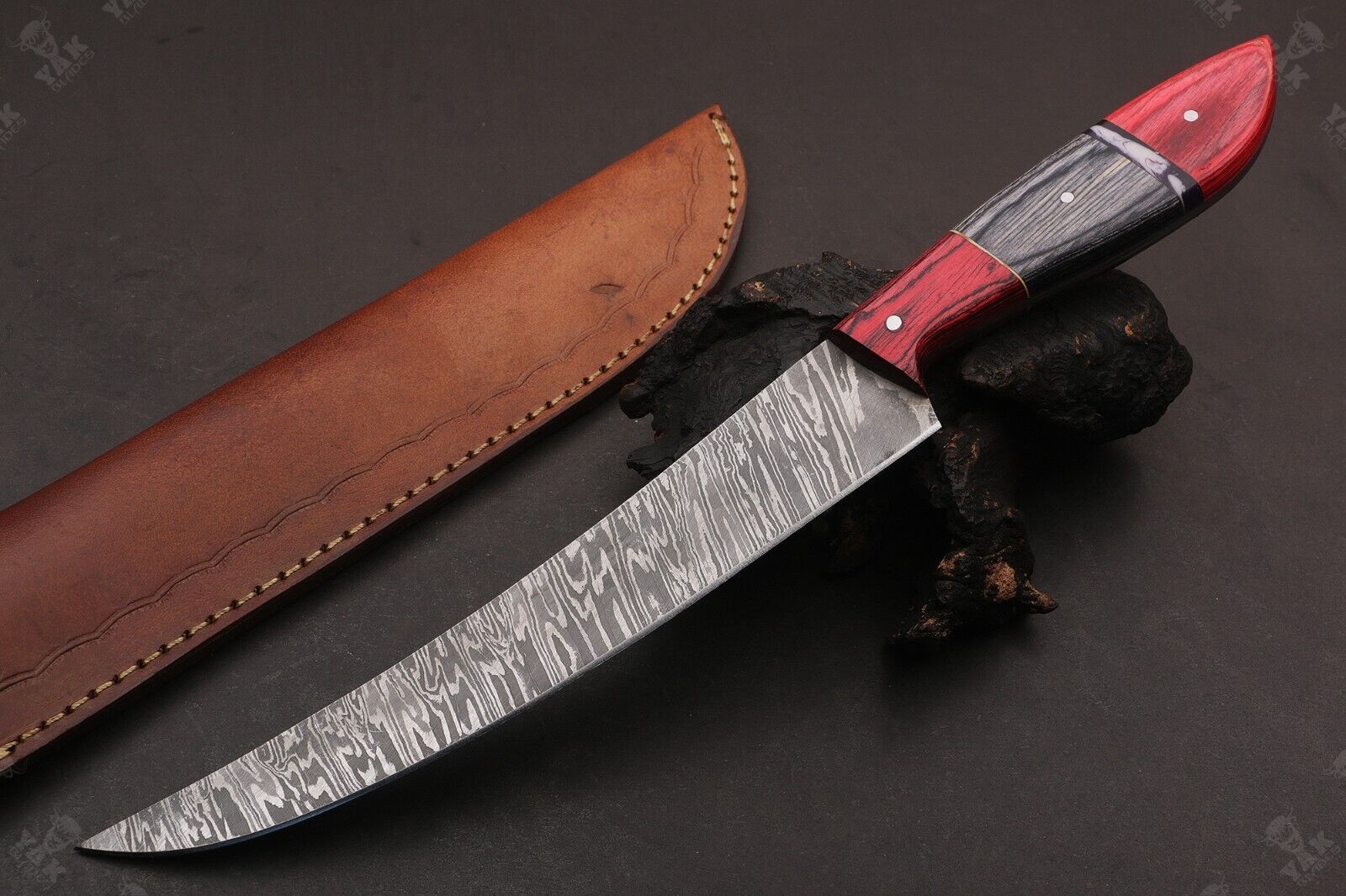 13" Custom Handmade Fire Damascus Steel Fillet Knife For Kitchen Use Best Fillet Knife W/Sheath