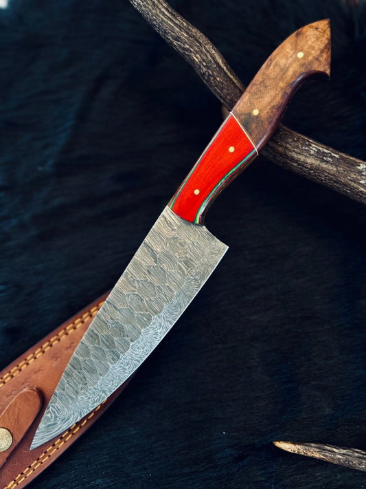 13" Custom Handmade Fire Damascus Steel Santoku Chef Knife | Kitchen Cooking Knife
