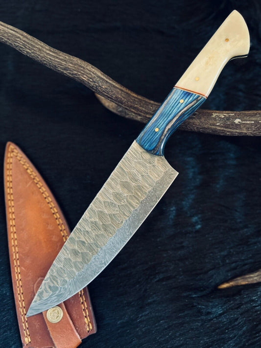 13" Custom Handmade Fire Damascus Steel Santoku Chef Knife – Stained Camel Bone & Natural Wood Handle