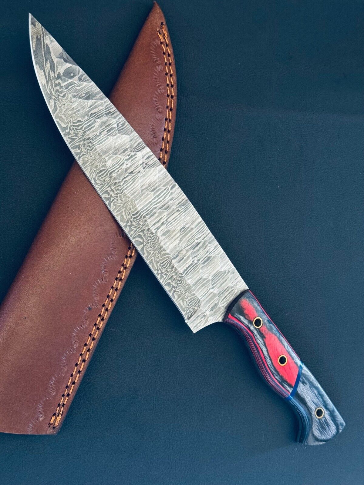 13" Custom Handmade Fire Storm Damascus Steel Chef Knife with Bone & Wood Handle