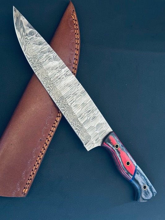 13" Custom Handmade Fire Storm Damascus Steel Chef Knife with Bone & Wood Handle
