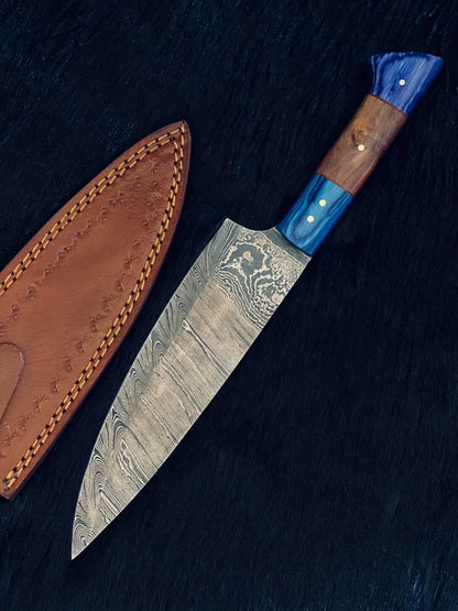 13" Custom Handmade Ladder Damascus Steel Sentoku Chef Knife – Camping