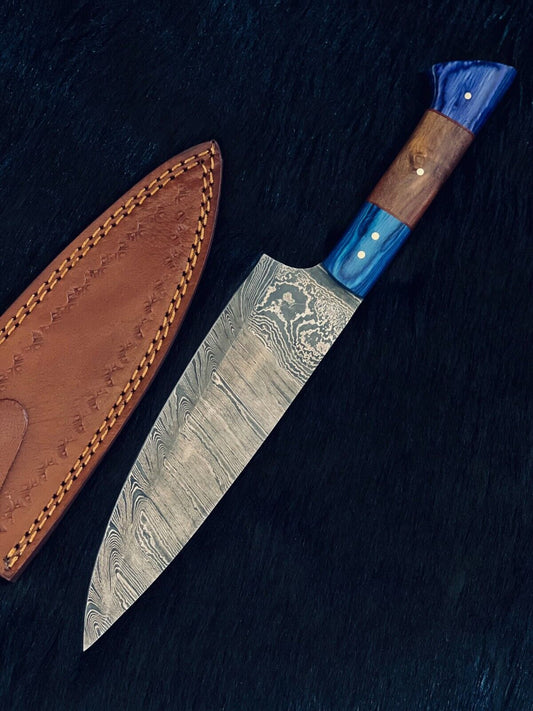 13" Custom Handmade Ladder Damascus Steel Sentoku Chef Knife – Camping