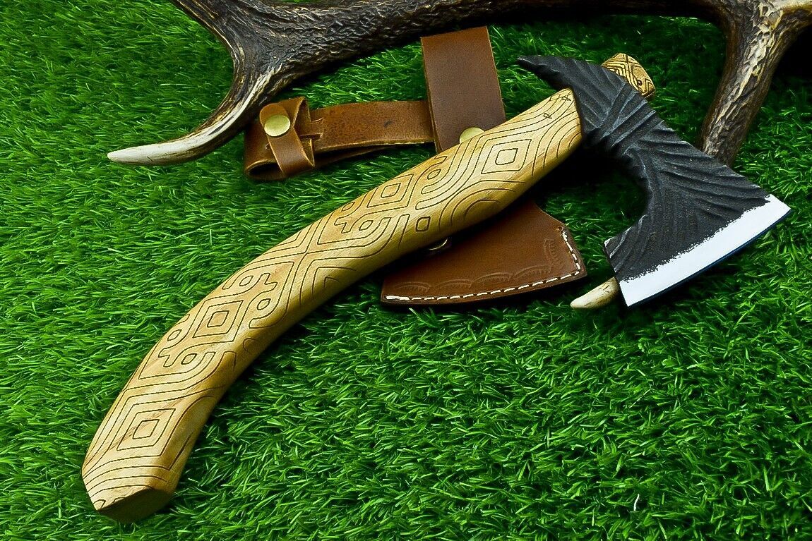 13” Custom Handmade Steel Axe Viking Bearded Axe with Olive Wood Handle & Leather Sheath
