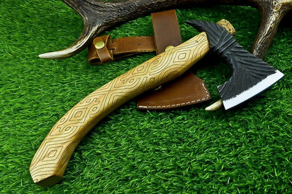 13” Custom Handmade Steel Axe Viking Bearded Axe with Olive Wood Handle & Leather Sheath