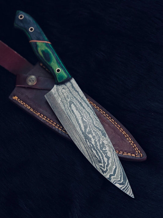 13" Custom Handmade Twist Damascus Steel Santoku Chef Knife with Camel Bone & Wood Handle