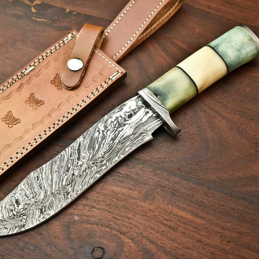 13" Damascus Bowie Knife – Camel Bone Handle & Leather Sheath