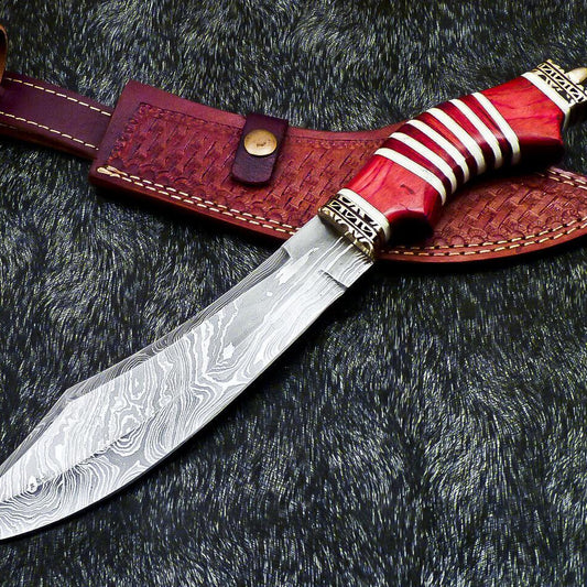 13" Damascus Bowie Knife – Camel Bone & Hardwood Handle