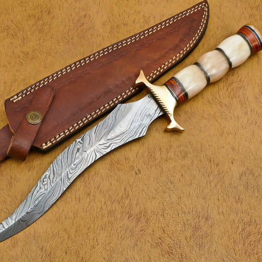 13" Damascus Bowie Knife – Camel Bone & Pakka Wood Handle with Brass Guard