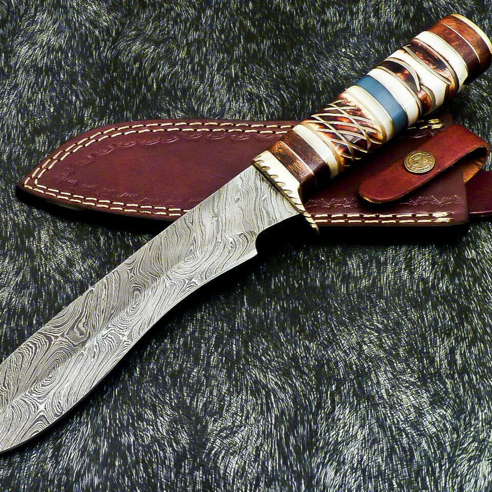 13" Damascus Bowie Knife | Camel Bone & Wood Handle with Brass Bolster