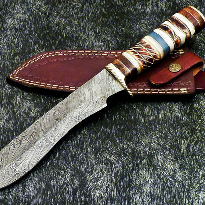 13" Damascus Bowie Knife | Camel Bone & Wood Handle with Brass Bolster
