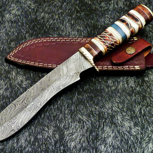 13" Damascus Bowie Knife | Camel Bone & Wood Handle with Brass Bolster