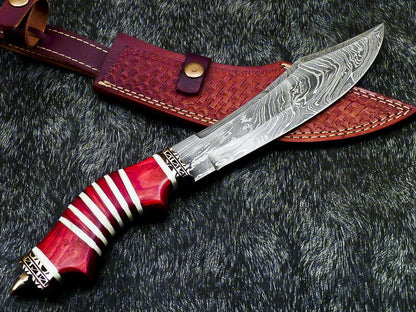 13" Damascus Bowie Knife Damascus Steel Knife With Camel Bone & Hardwood Handle 