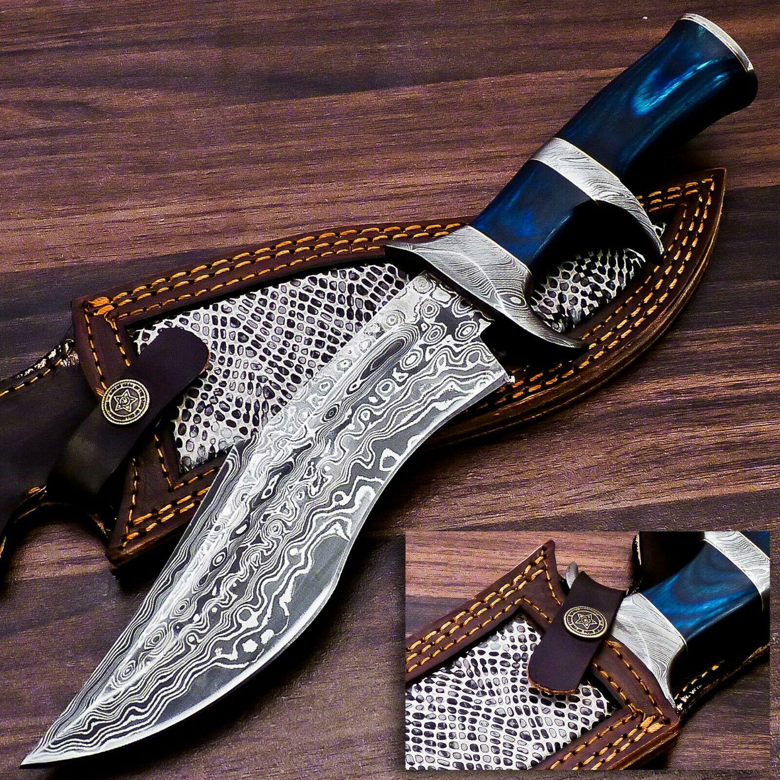 13" Damascus Bowie Knife Damascus Steel Knife With Color Wood & Bull Horn Handle 