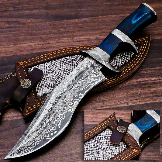 13" Damascus Bowie Knife Damascus Steel Knife With Color Wood & Bull Horn Handle 