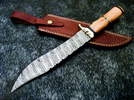 13" Damascus Bowie Knife Damascus Steel Knife With Olive Wood Handle & Leather Sheath