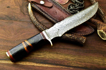13" Damascus Bowie Knife Damascus Steel knife With Hard Wood Handle & Leather Sheath