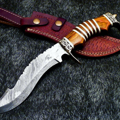 13" Damascus Bowie Knife – Hardwood & Camel Bone Handle with Leather Sheath