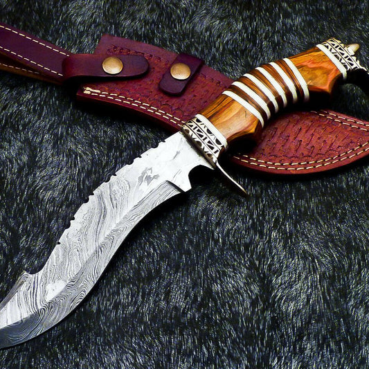 13" Damascus Bowie Knife – Hardwood & Camel Bone Handle with Leather Sheath