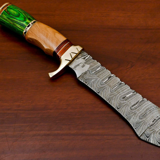 13" Damascus Bowie Knife | Olive & Pakka Wood Handle