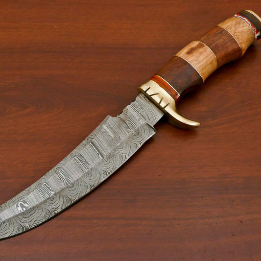 13" Damascus Bowie Knife – Rose, Olive & Pakka Wood Handle with Brass Guard