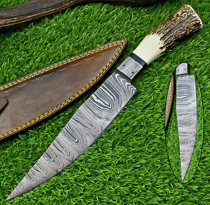 13" Damascus Bowie Knife – Stag Horn Handle with Damascus Bolster