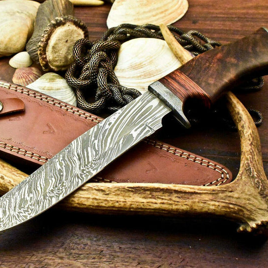 13" Damascus Bowie Knife | Walnut Wood Masterpiece