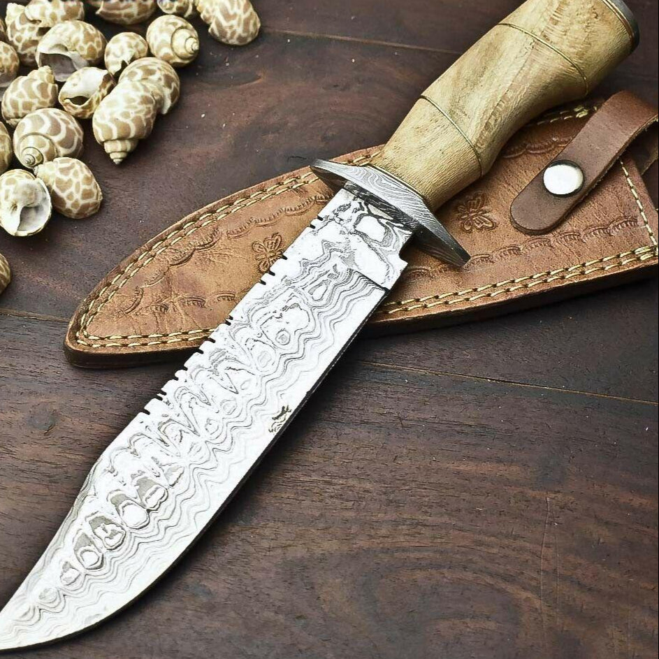 13" Damascus Bowie Knife with Walnut Wood Handle & Leather Sheath