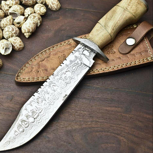 13" Damascus Bowie Knife with Walnut Wood Handle & Leather Sheath