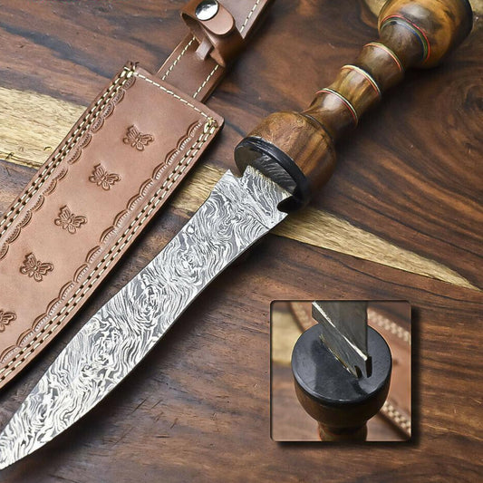 13" Damascus Dagger Bowie Knife – Walnut Wood Handle |