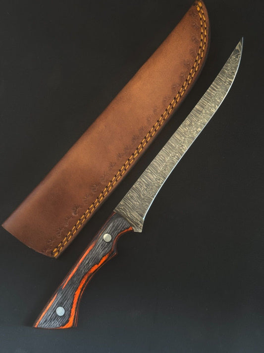 13" Damascus Fillet Knife Custom Fillet Knife with Pakka Wood Handle & Sheath