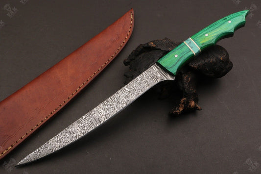 13" Damascus Fillet Knife Fire Damascus Steel Fillet Knife With Leather Sheath