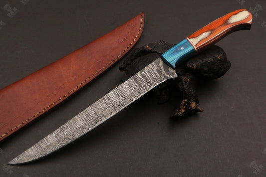13" Damascus Fillet Knife Fire Damascus Steel Fillet Knife With Pakka Wood Handle